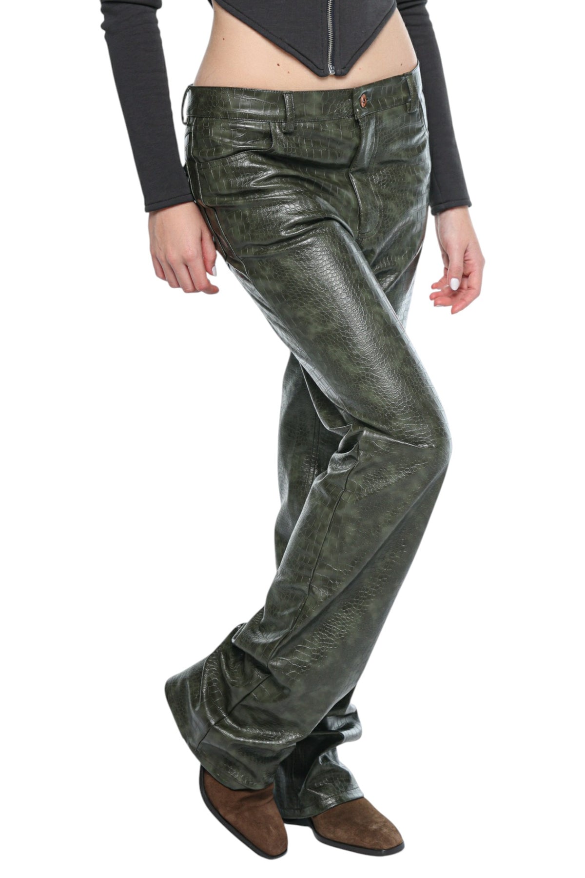 Women Faux Leather Olive Green Pants