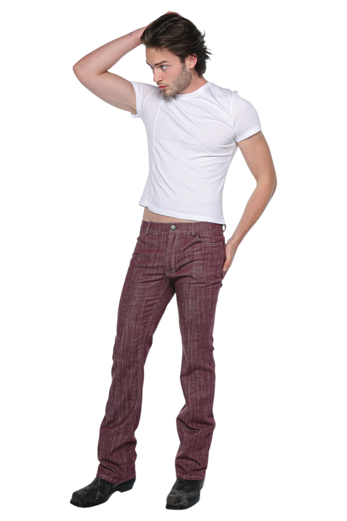Men Bootcut Denim in Burgundy Pinstripe