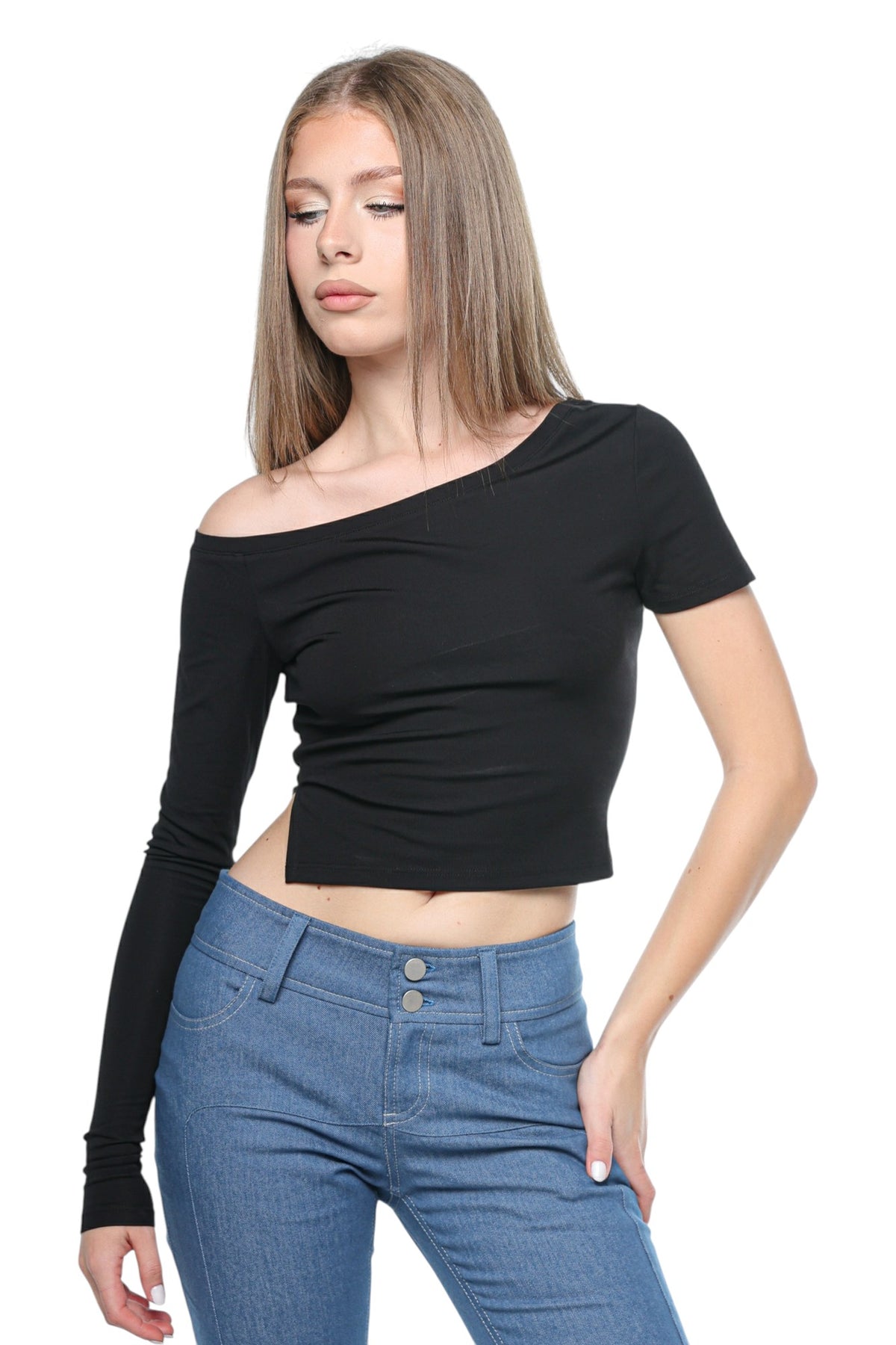 Angular Off-Shoulder Black Top