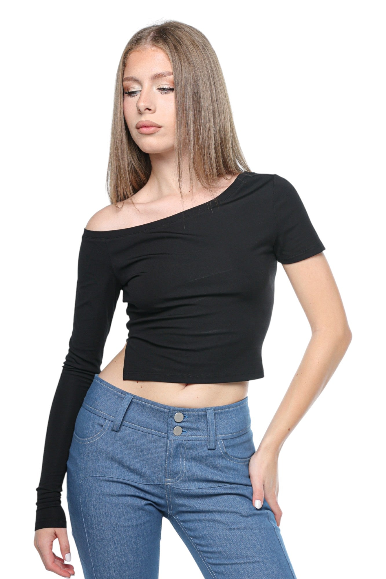Angular Off-Shoulder Black Top
