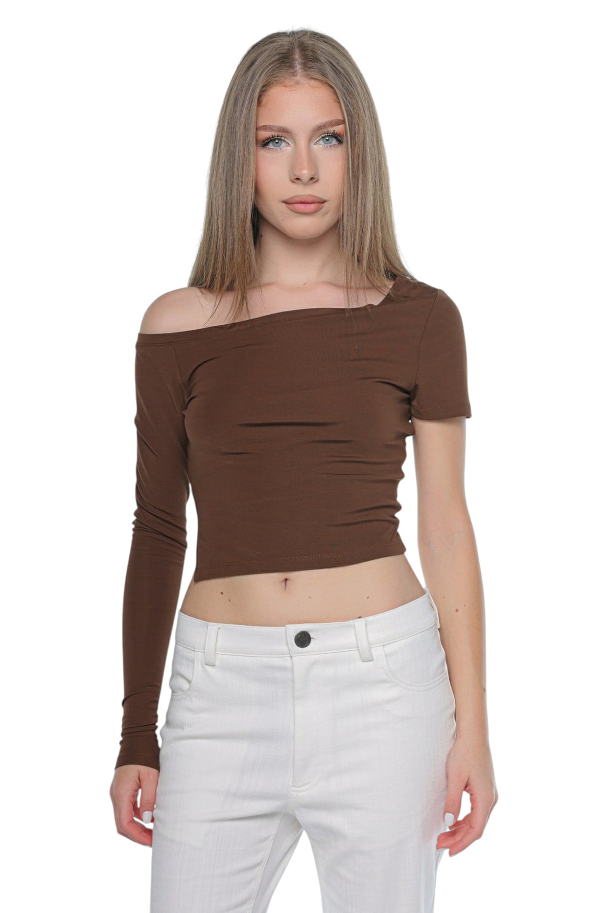 Angular Off-Shoulder Warm Brown Top