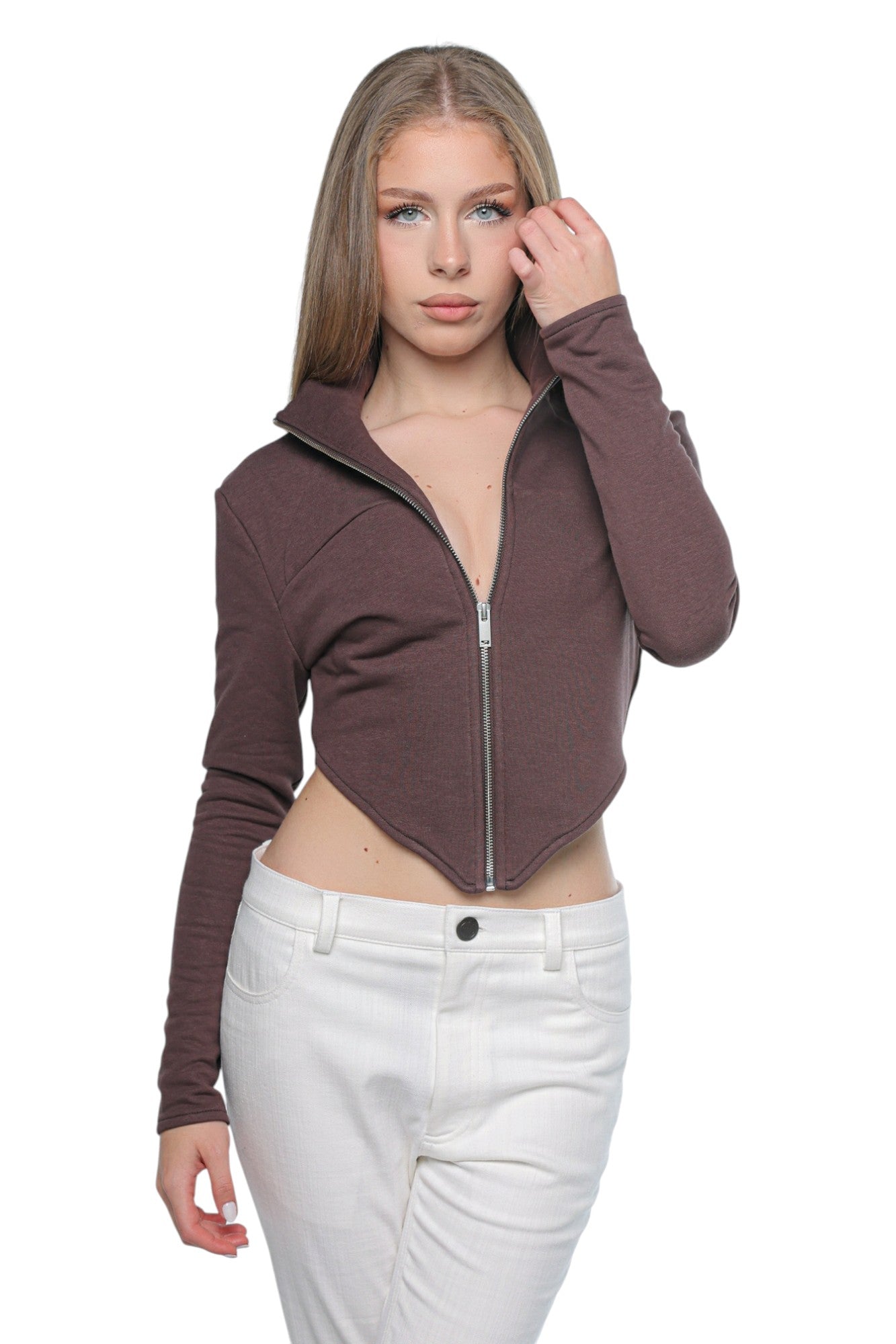 Fitted High Neck Zip Brown