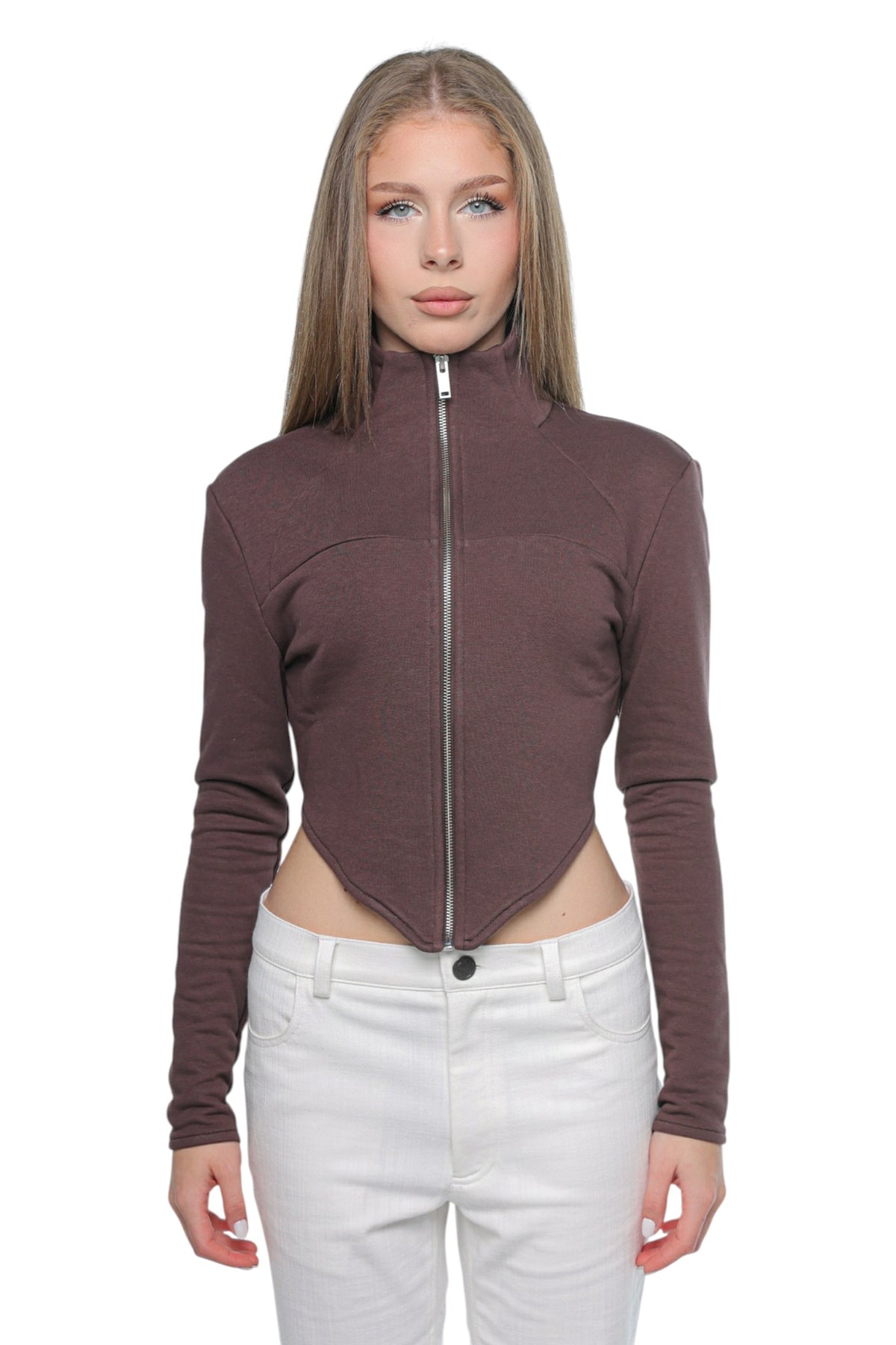 Fitted High Neck Zip Brown