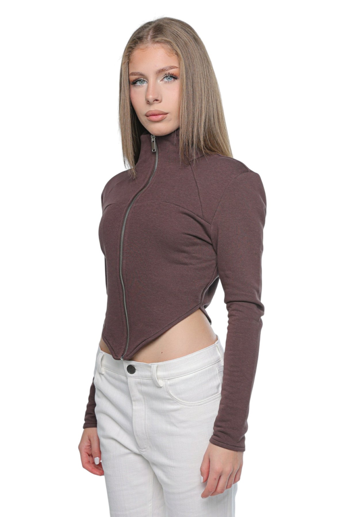 Fitted High Neck Zip Brown