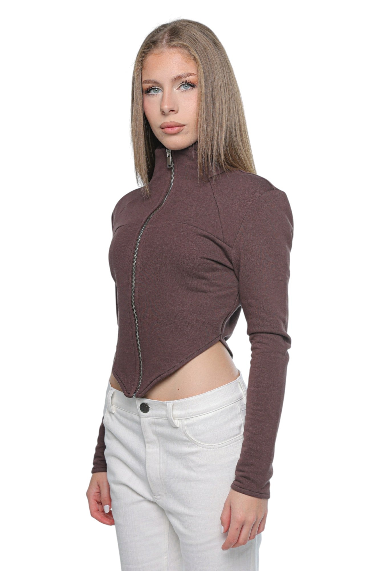 Fitted High Neck Zip Brown