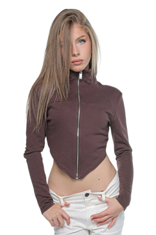 Fitted High Neck Zip Brown