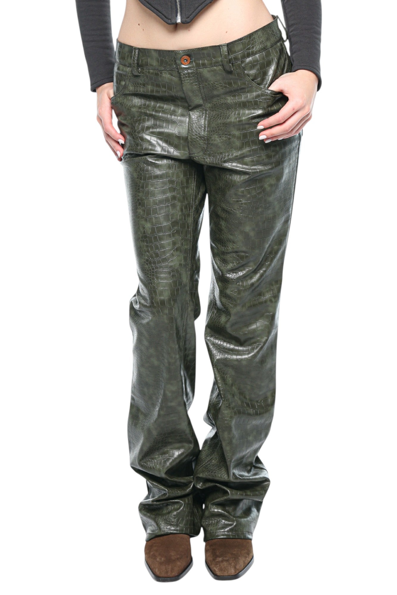 Women Faux Leather Olive Green Pants