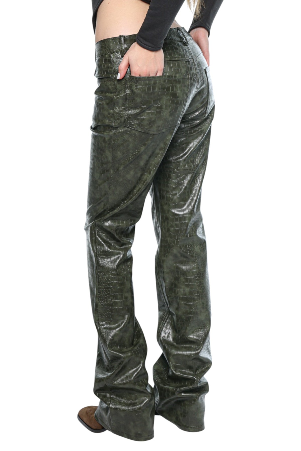 Women Faux Leather Olive Green Pants