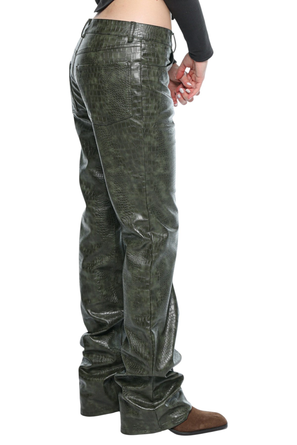 Unisex Faux Leather Olive Green Pants