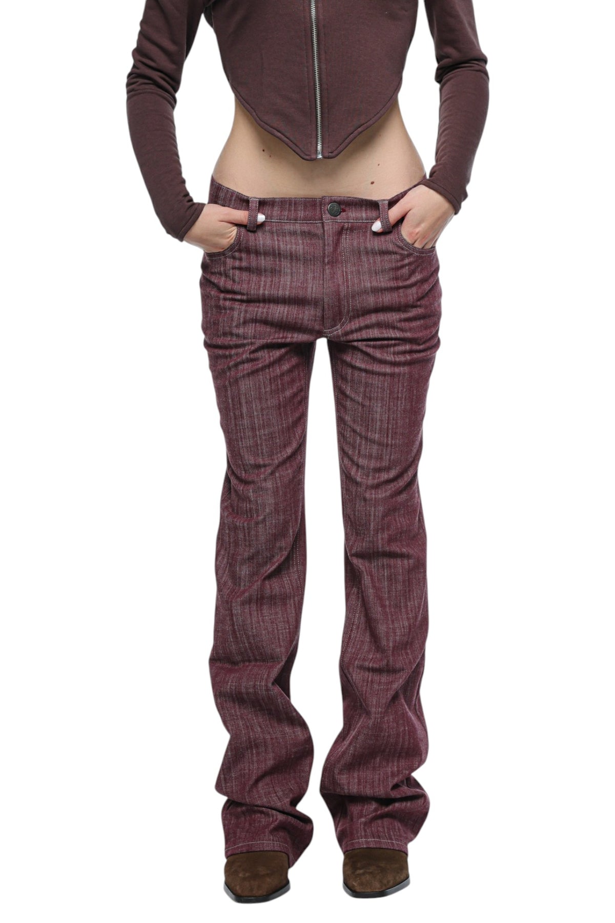 Women Bootcut Denim in Burgundy Pinstripe