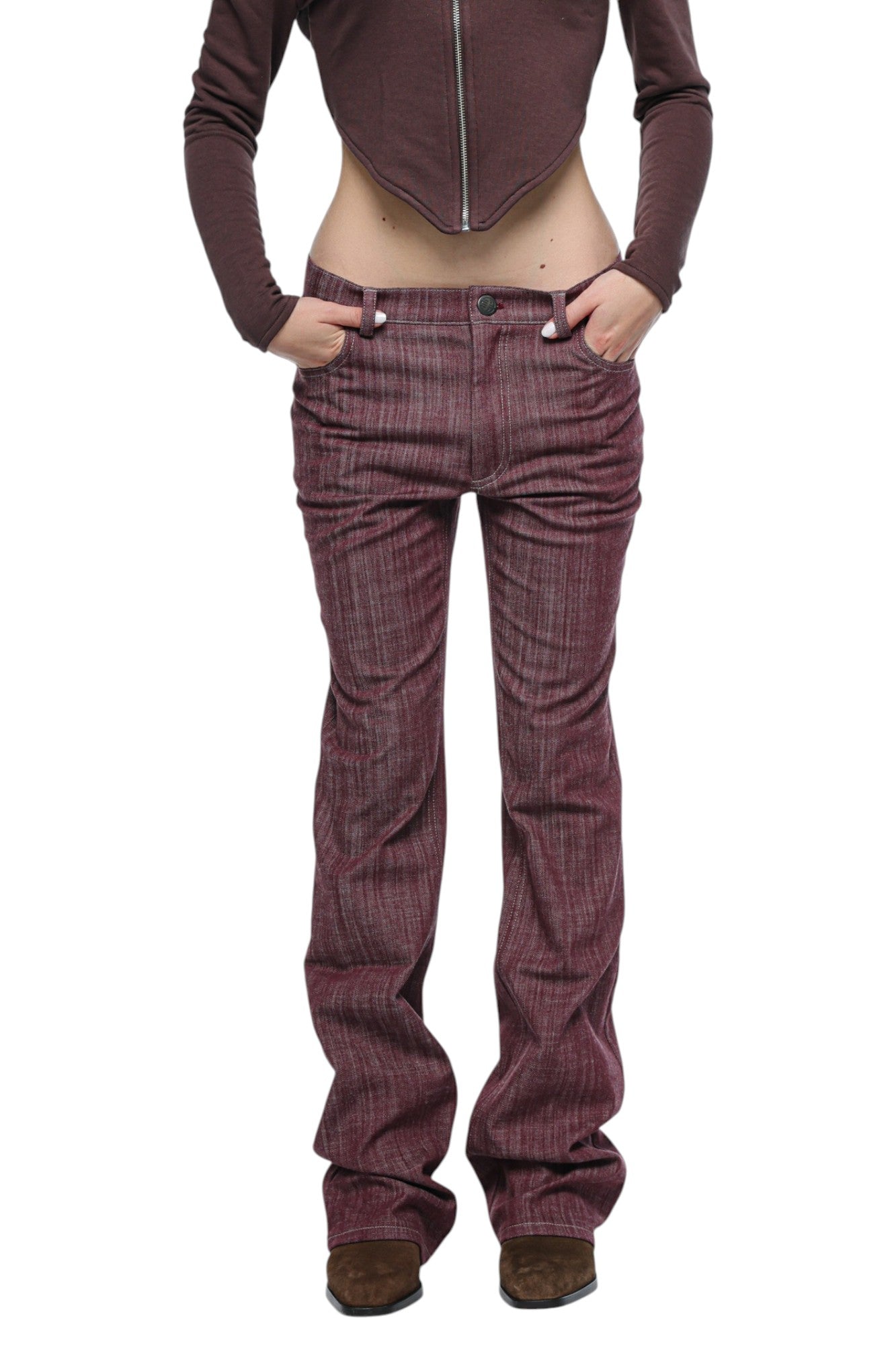 Women Bootcut Denim in Burgundy Pinstripe