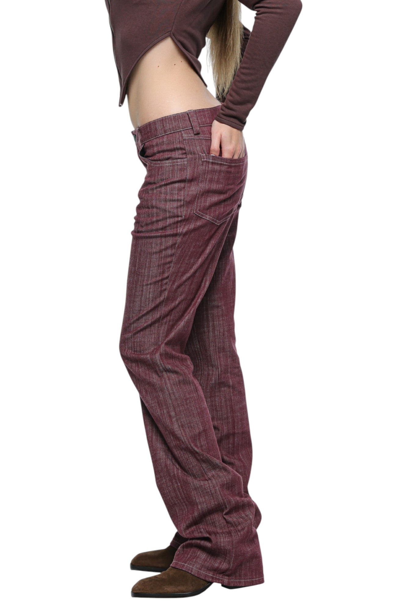Women Bootcut Denim in Burgundy Pinstripe
