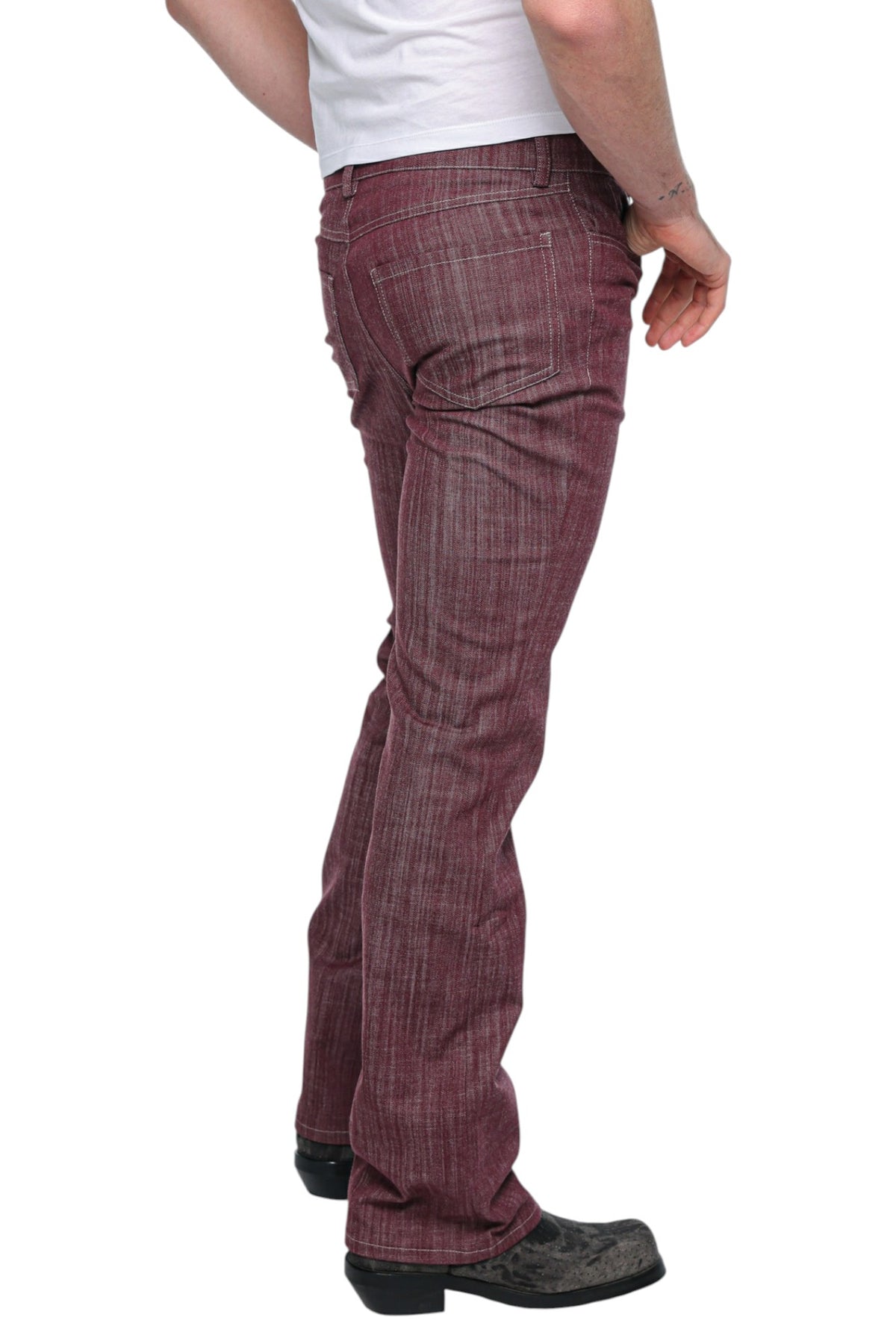 Men Bootcut Denim in Burgundy Pinstripe