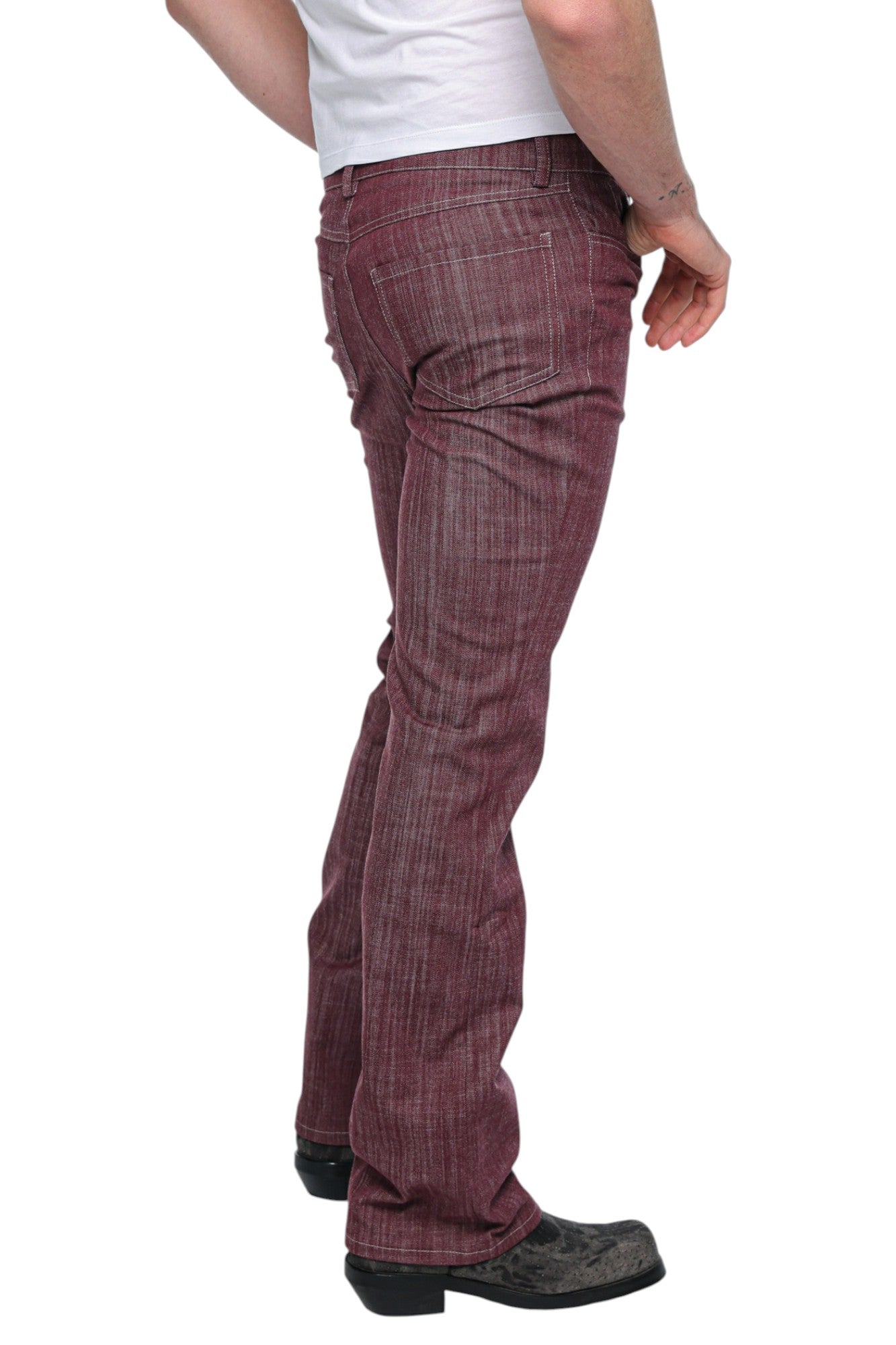 Men Bootcut Denim in Burgundy Pinstripe