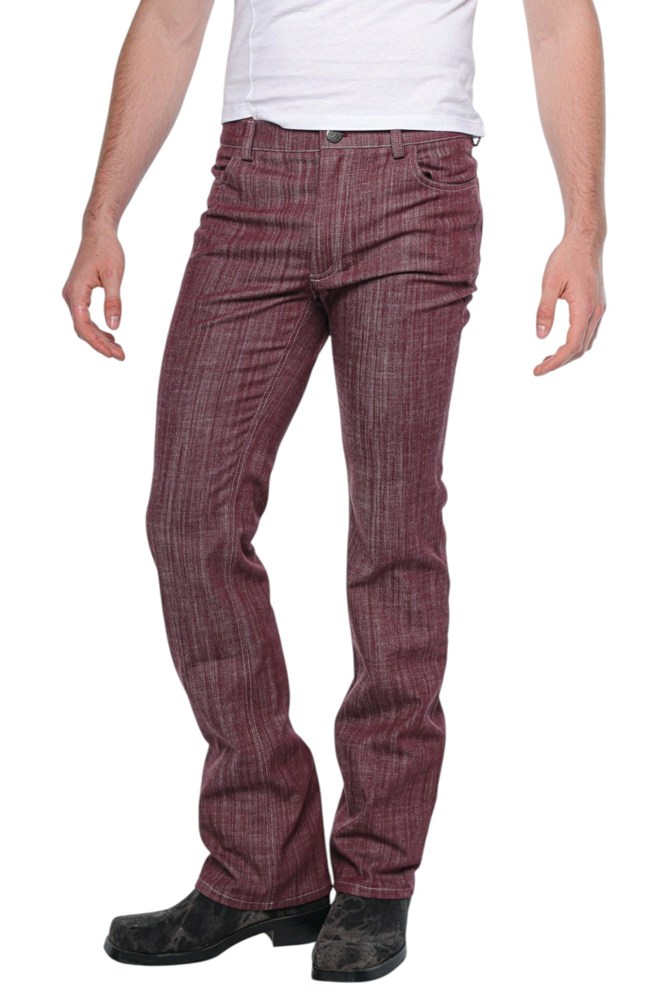 Men Bootcut Denim in Burgundy Pinstripe