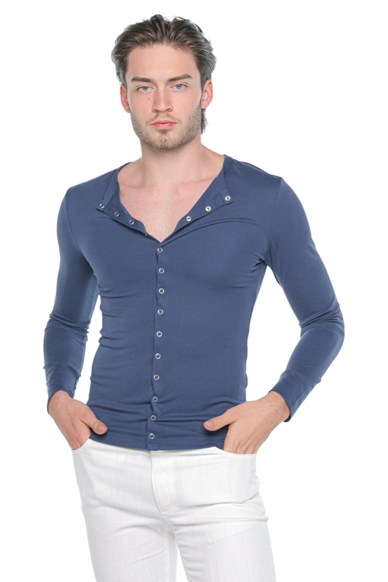 Open Neck Cardigan Muted Blue