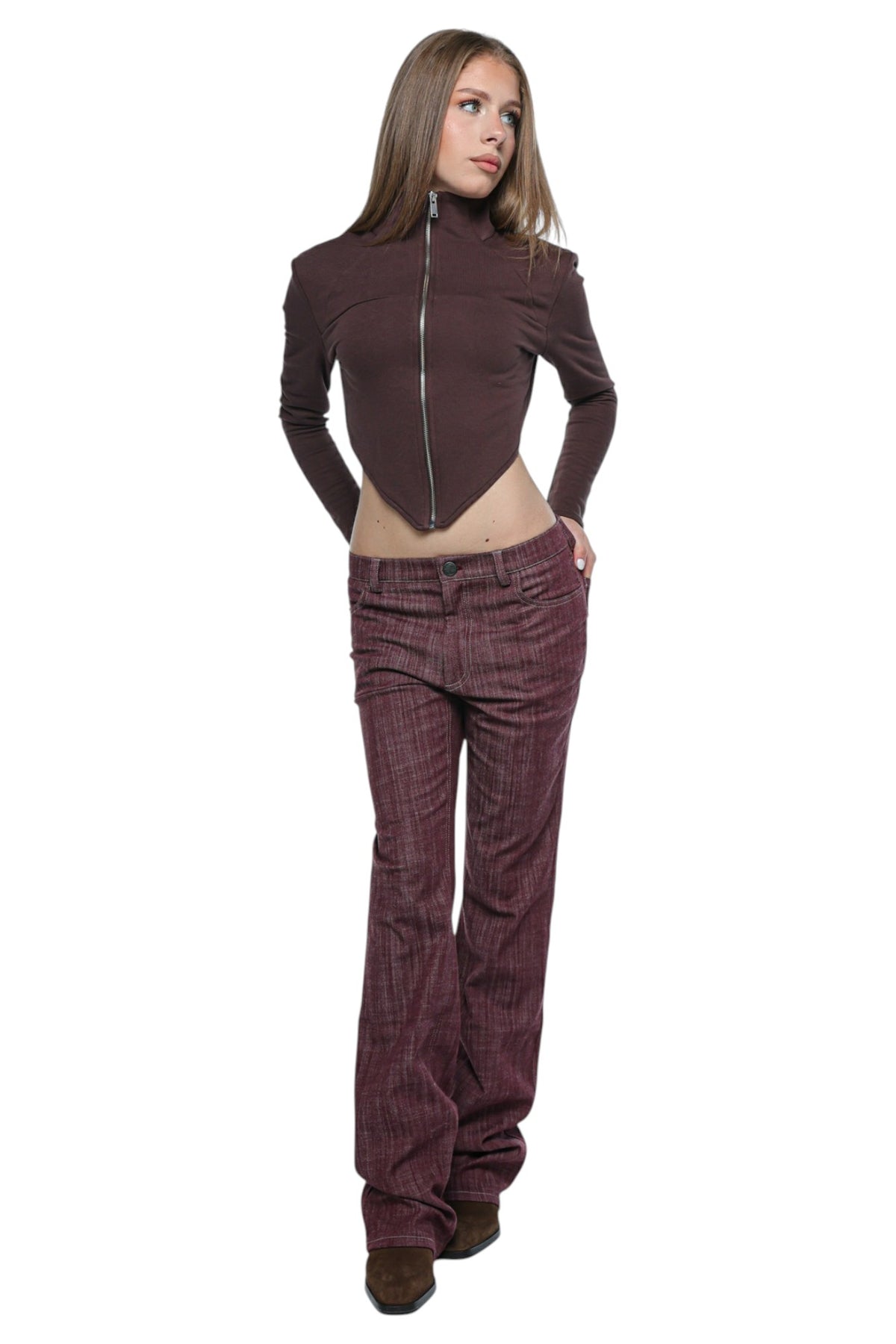 Women Bootcut Denim in Burgundy Pinstripe