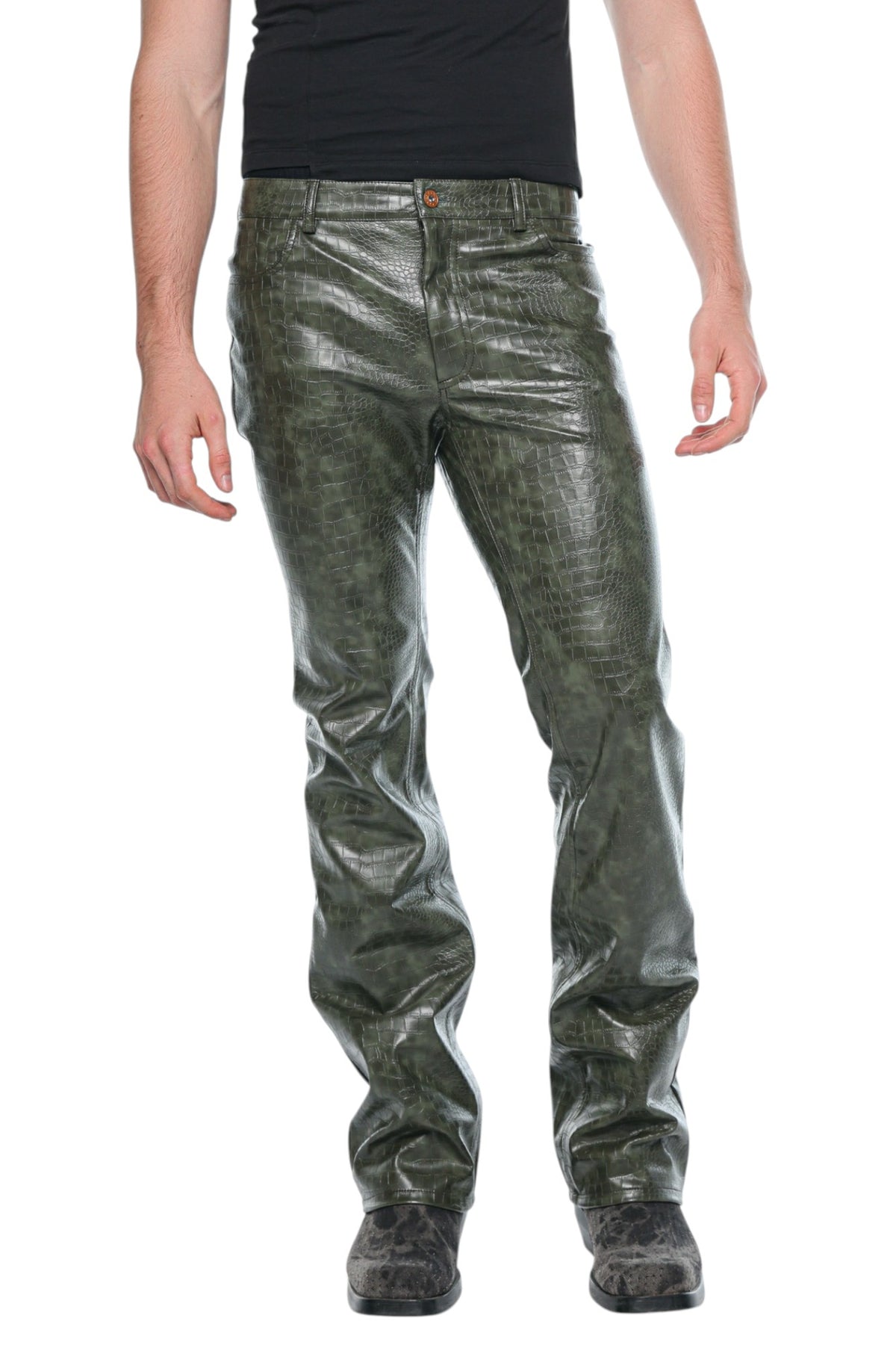 Men Faux Leather Olive Green Pants