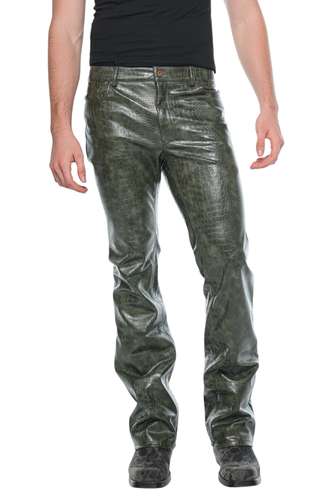 Men Faux Leather Olive Green Pants