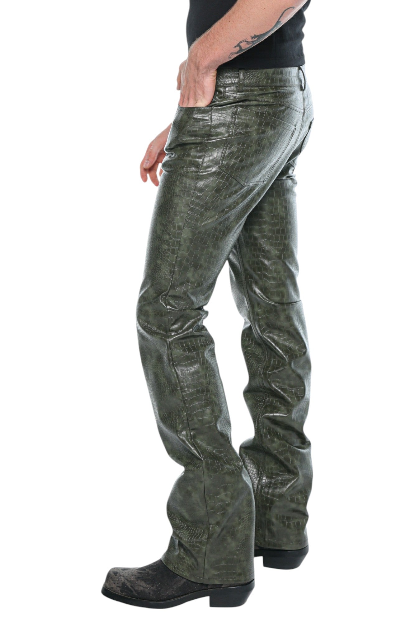 Men Faux Leather Olive Green Pants