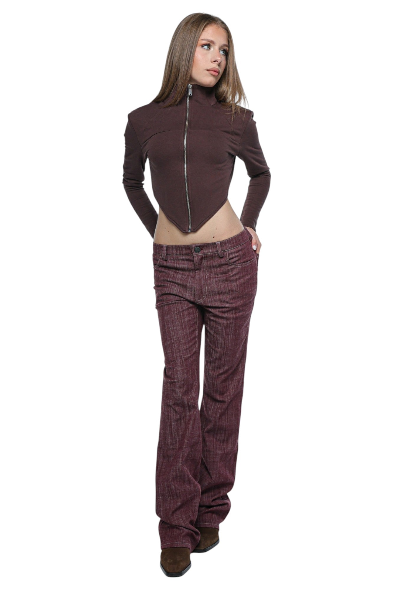 Women Bootcut Denim in Burgundy Pinstripe