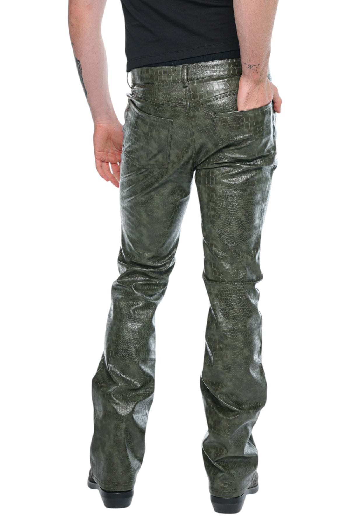 Men Faux Leather Olive Green Pants