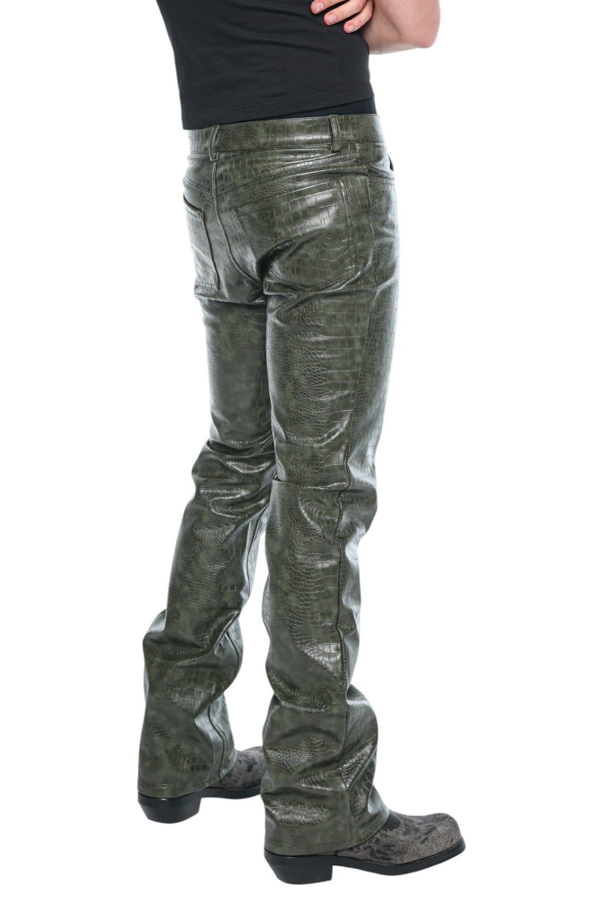 Men Faux Leather Olive Green Pants