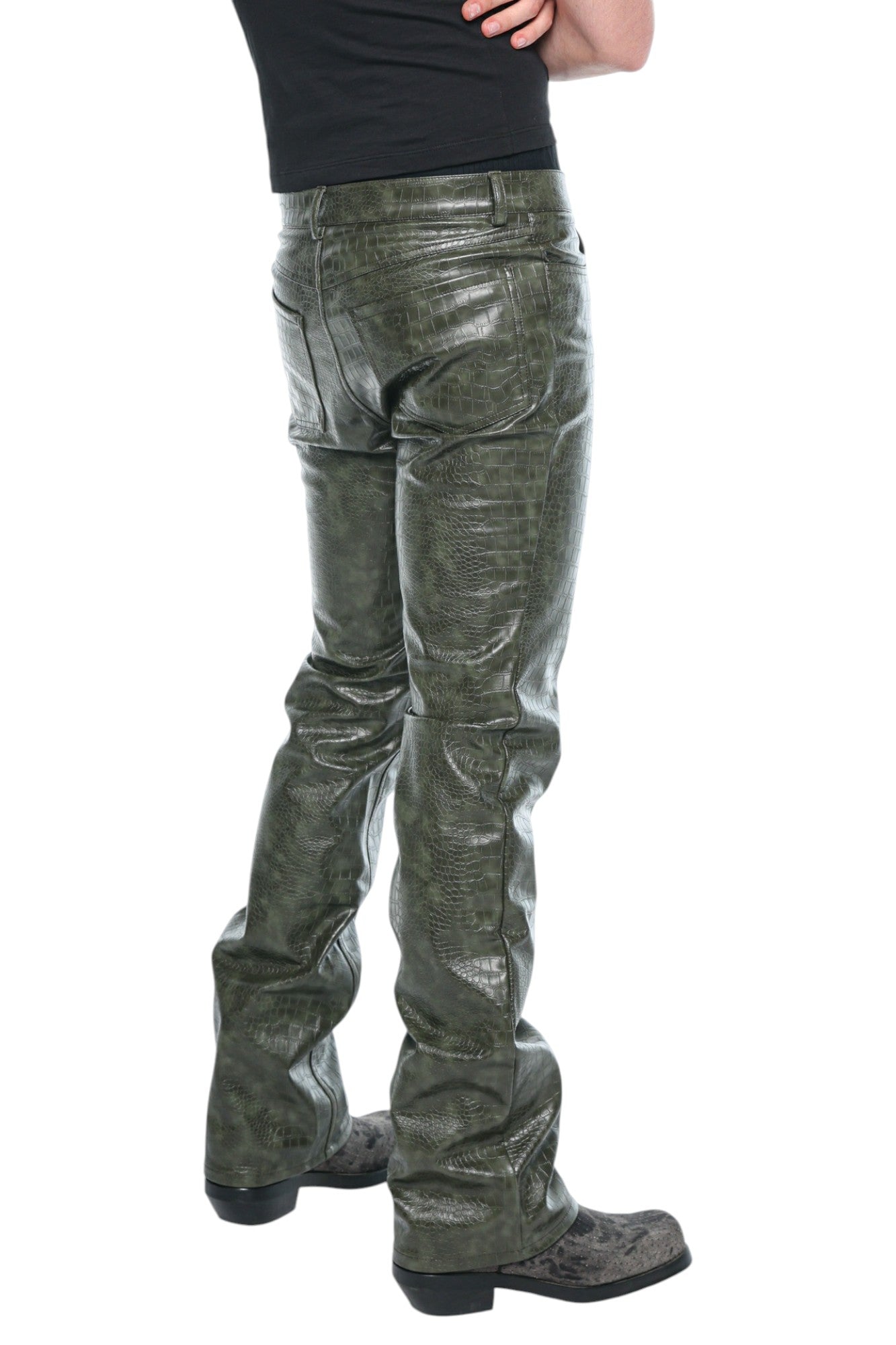 Men Faux Leather Olive Green Pants